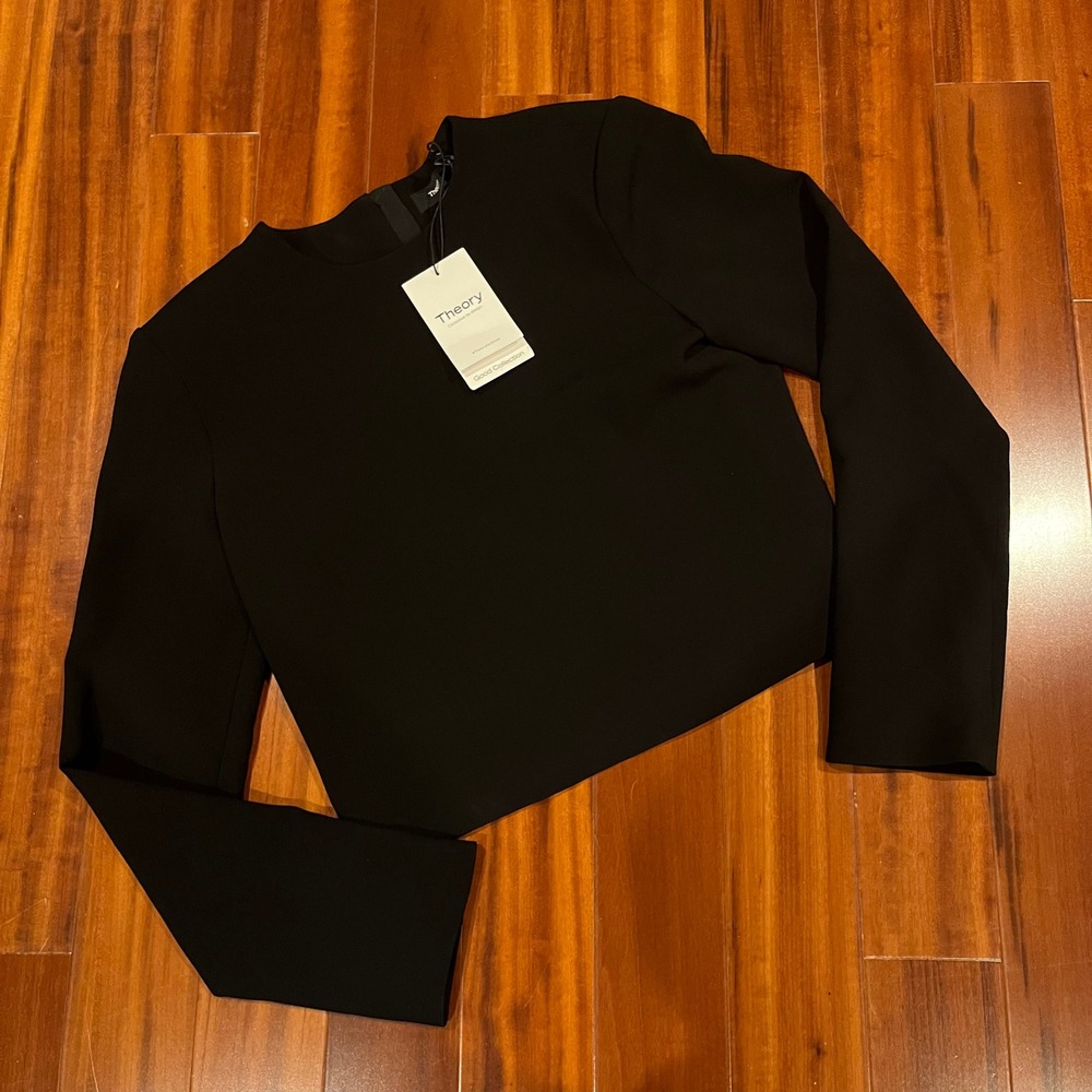 Theory Black Top Minimalist Long Sleeve Admiral Crepe Crop Blouse Back Zip New S